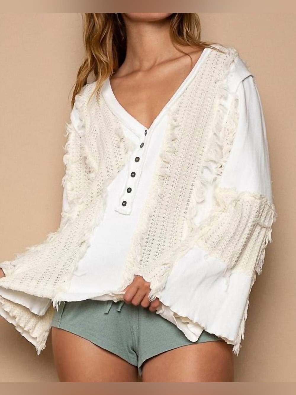 🆕 POL Flare Sleeve Contrast Panels V-neck Knit Top NWT SZ LG